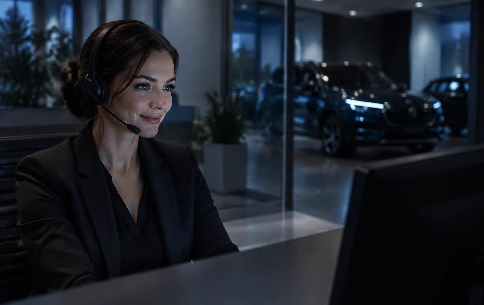 Aftersales contact team member on a headset call at a dealership desk, showroom cars behind the glass.