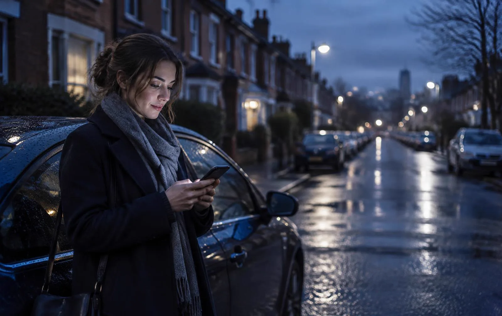 Customer on a UK terraced street at dusk using her phone beside her car.