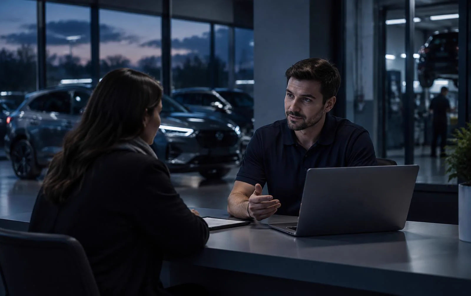 Service advisor talking with a customer at a UK aftersales desk in the evening, showroom and workshop visible behind.