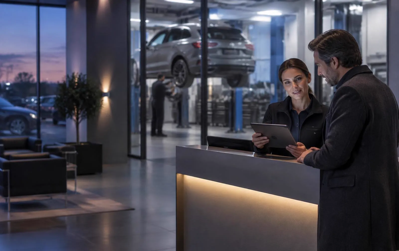 Service advisor showing a customer a tablet at a UK dealership reception in the evening, with a car raised in the workshop behind the glass.