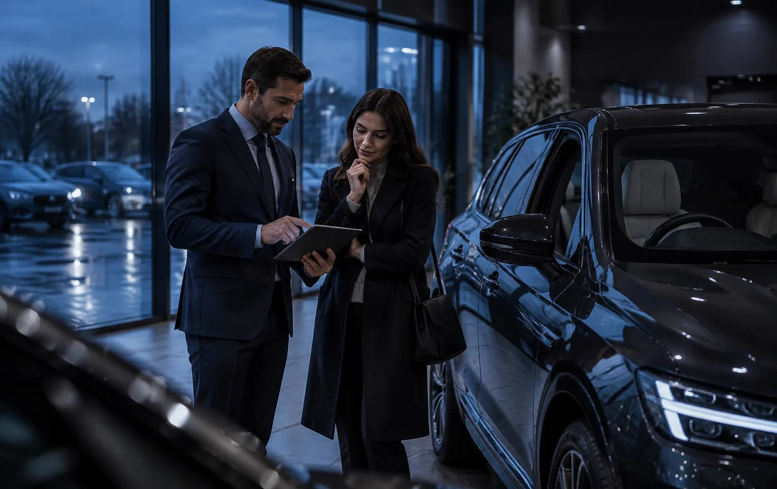 Sales executive and customer reviewing a tablet beside a car in a UK showroom on a wet evening.
