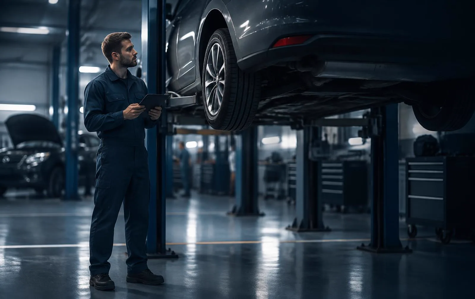 Technician holding a tablet beside a car raised on a ramp in a UK dealership workshop.