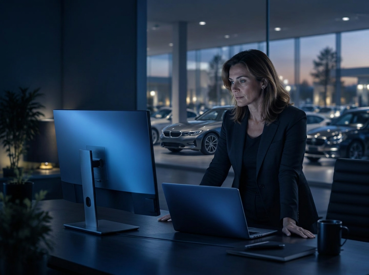 Operations manager at a UK dealer group office reviewing the exsto platform, showroom visible through the glass.